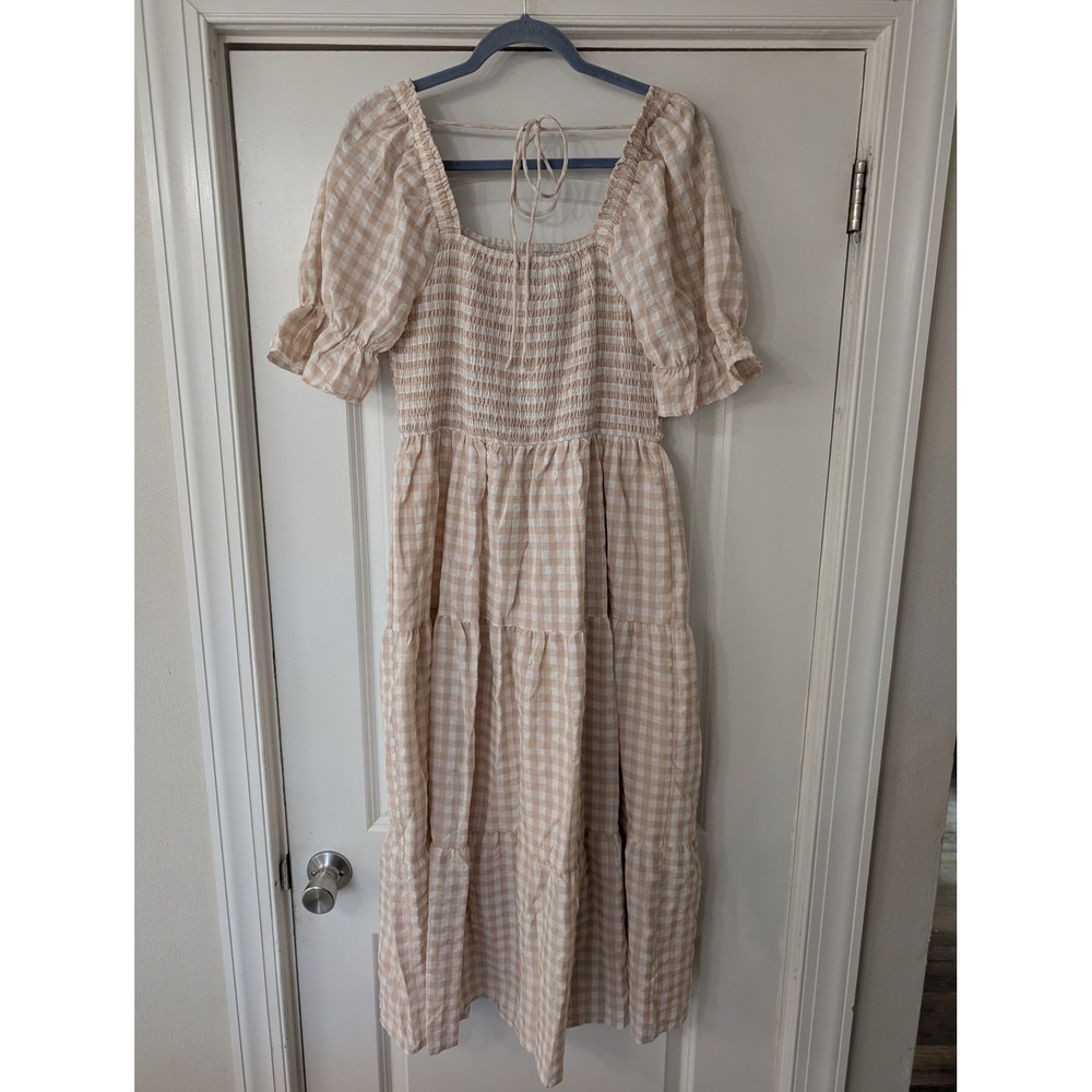 Zesica Tan Gingham Smocked Midi Dress Puff Sleeve Tiered Square Neck Large NWTs